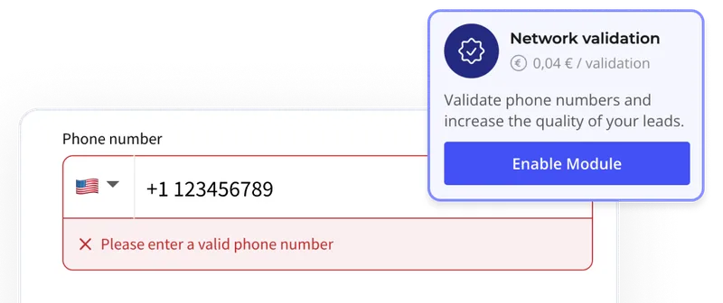 Heyflow's phone number validation feature, giving an error message to an incorrect number